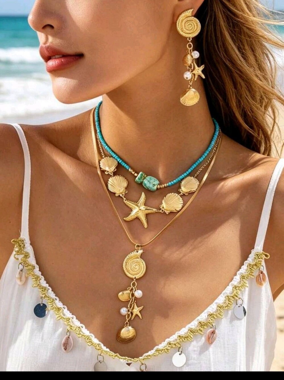 BRAND NEW ** Gold and Turquoise Layered Sea Charm Necklace Set